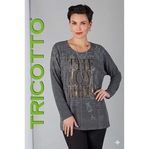 Tricotto L The Joy Fashion Newspaper Print Studded Graphic Tunic Top Grey Gold